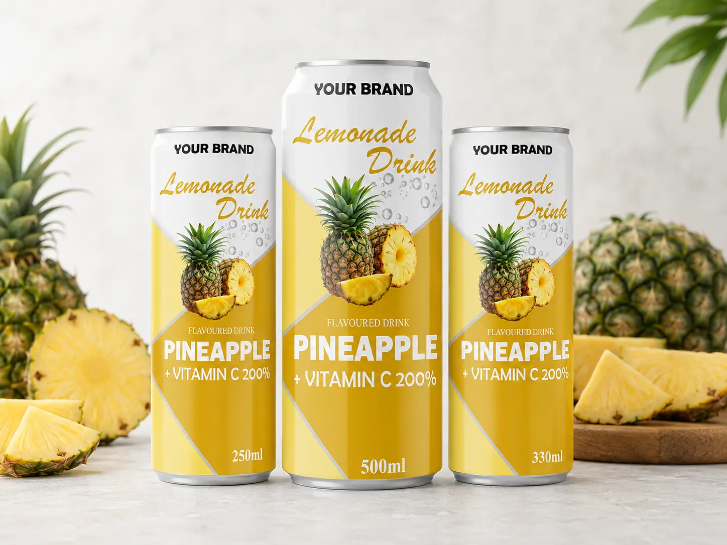 LEMONADE DRINK Pineapple flavored drink with Vitamin C 200% shown in 250ml, 500ml, and 330ml cans.